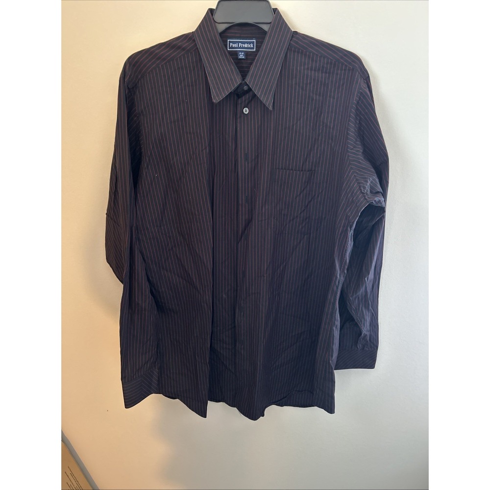 paul fredrick dress shirt 17 37 Black Red Stripe Cotton